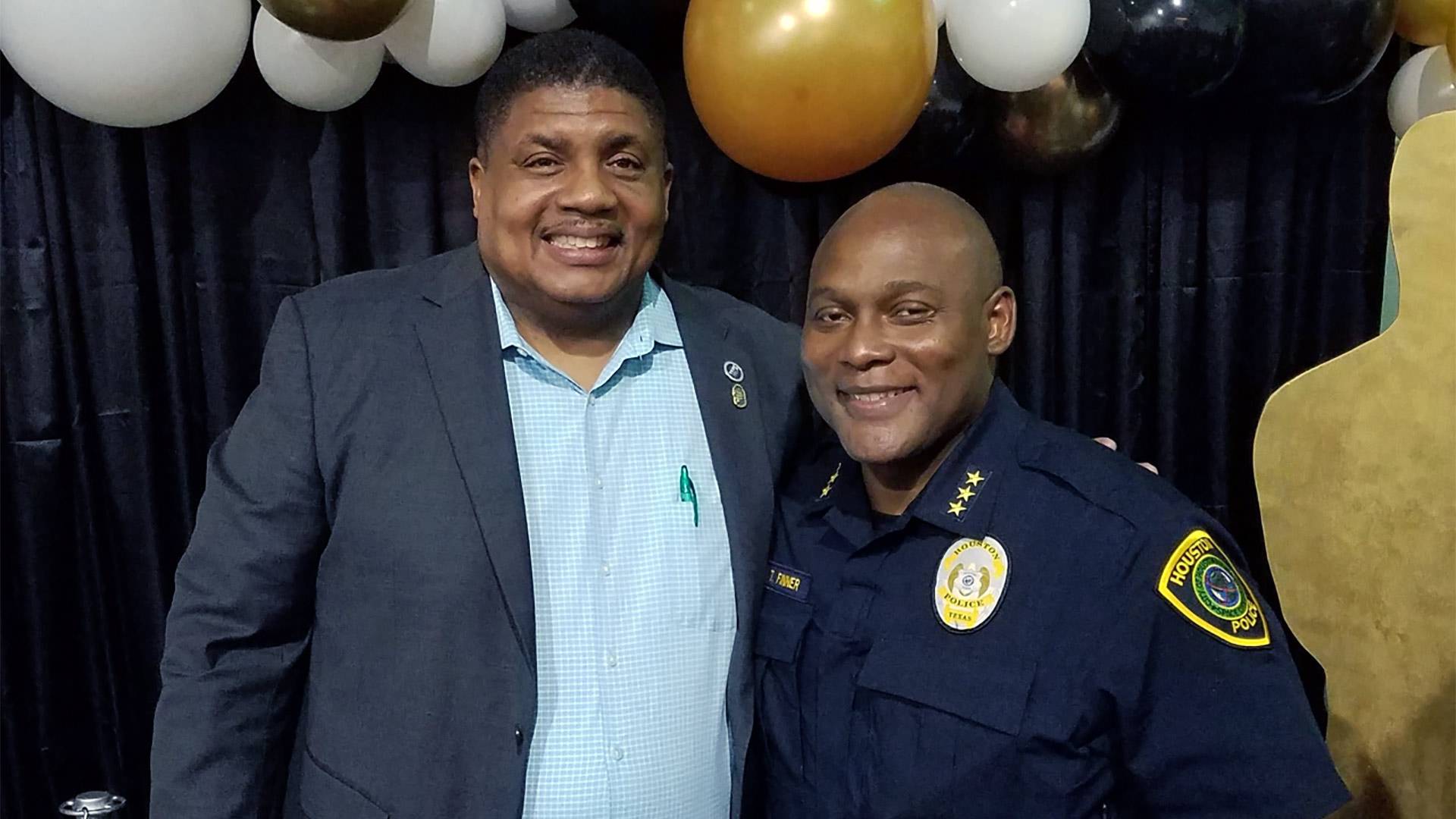 Troy Finner (right), second UHCL alumnus to become Houston's police chief and Everette Penn (left), Professor of Criminology
