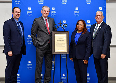 [Pictured left to right]: Dr. Christopher Maynard, Senior Vice President for Academic Affairs and Provost; State Representative Ed Thompson; Dr. Joan Pedro, COE Dean; Dr. Richard Walker, UHCL President